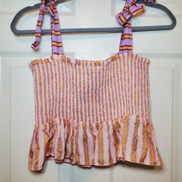 Anthro Dola Chan Mix Stripe Smocked Top In Tahitian Sun Stripe - Tie Strap  Sz L - Picture 5 of 8